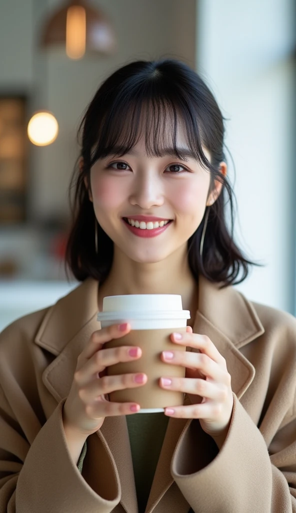 with choppy bangs,fashion photography,pale young adult East Asian smiling 、Hold a coffee cup with both hands