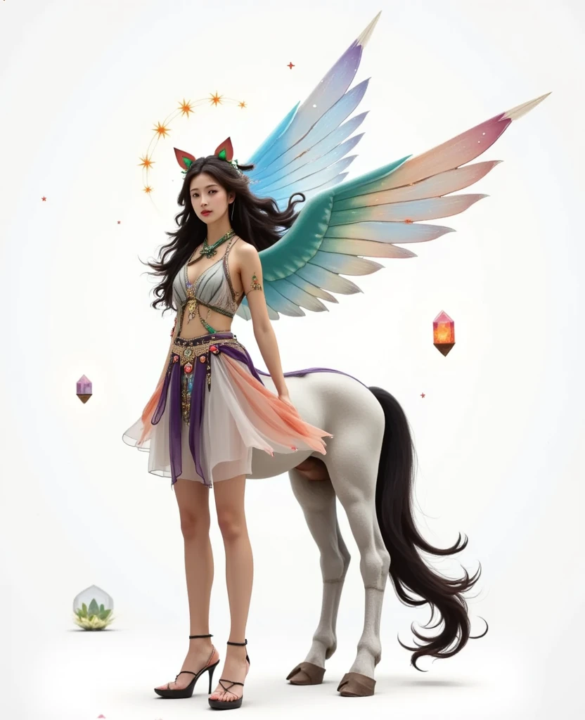 1Centaur Girl,colored wings， Imagine a dreamlike landscape filled with countless colors,Soft. In this peaceful scene, An Asian, With long flowing hair, Sitting in a huge, Ancient Trees. They are deeply involved in the act of a crystal diary. Various radiant, Beautifully detailed healing crystals in various shades,Rose Quartz, amethyst, The citrine crystals are arranged in a circular pattern around them. The person who was, Wear light, Flowing clothes, Have an ancient, Leather cover journal,In it they record their observations, idea, and feelings. The vivid and soothing energy of the crystal blends with the person&#39;s aura, Creates a mysterious synergy. Magical creatures like glowing fairies and flying fire float gently in this sacred space.