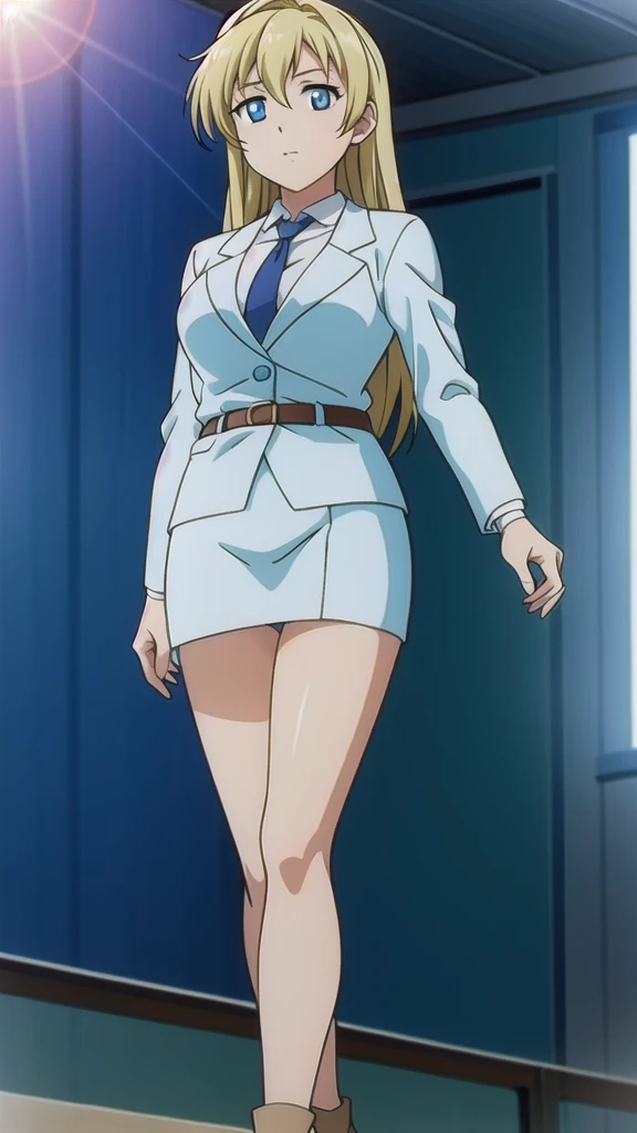 Blonde、 long hair、bangs、White hair band、Blue Eyes、悲しいface, Full Body Style 、 normal breasts、 narrow waist 、Bare legs、 in a suit、 blue jacket ,襟付き shirt, shirt,  blue tie,belt,,  Blue Mini Pencil Skirt, black tights,white heel boots, Official Art, Extremely Detailed CG Unity 8K Wallpaper , perfect lighting, colorful , bright _ Front_face_Lighting,  shiny skin, ( masterpiece:1.0),(Highest_quality:1.0), 超 high definition ,4K, super detailed photo shoot, 8k,  high definition ,  high definition ,  looking for something in an absurd :1.2,  Kodak Portra 400,  Film Grain,  blurry background, Bokeh:1.2,  lens flare , ( vibrant _ color:1.2), Professional photography,Anime Images