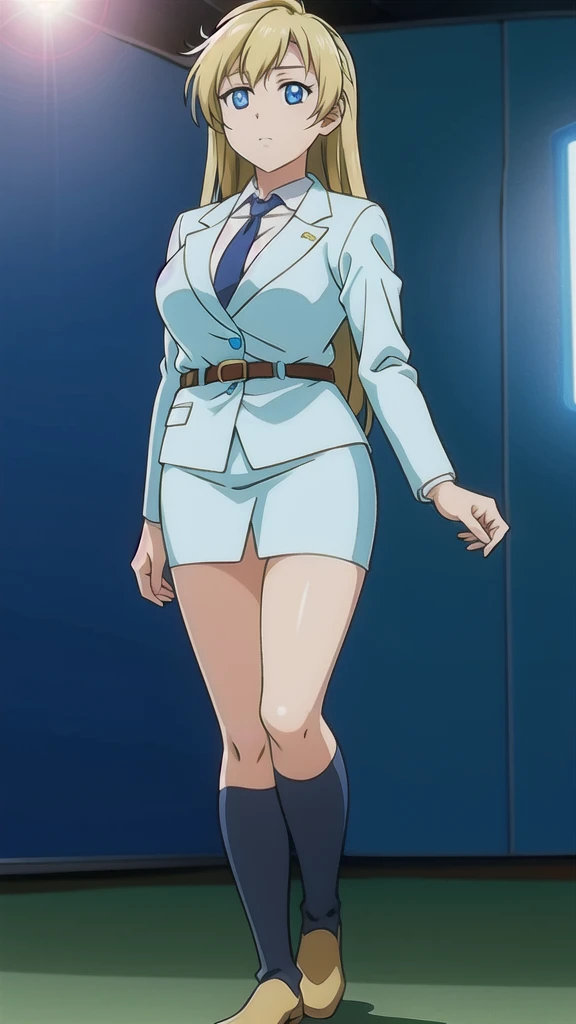 Blonde、 long hair、bangs、White hair band、Blue Eyes、悲しいface, Full Body Style 、 normal breasts、 narrow waist 、Bare legs、 in a suit、 blue jacket ,襟付き shirt, shirt,  blue tie,belt,,  Blue Mini Pencil Skirt, black tights,white heel boots, Official Art, Extremely Detailed CG Unity 8K Wallpaper , perfect lighting, colorful , bright _ Front_face_Lighting,  shiny skin, ( masterpiece:1.0),(Highest_quality:1.0), 超 high definition ,4K, super detailed photo shoot, 8k,  high definition ,  high definition ,  looking for something in an absurd :1.2,  Kodak Portra 400,  Film Grain,  blurry background, Bokeh:1.2,  lens flare , ( vibrant _ color:1.2), Professional photography,Anime Images