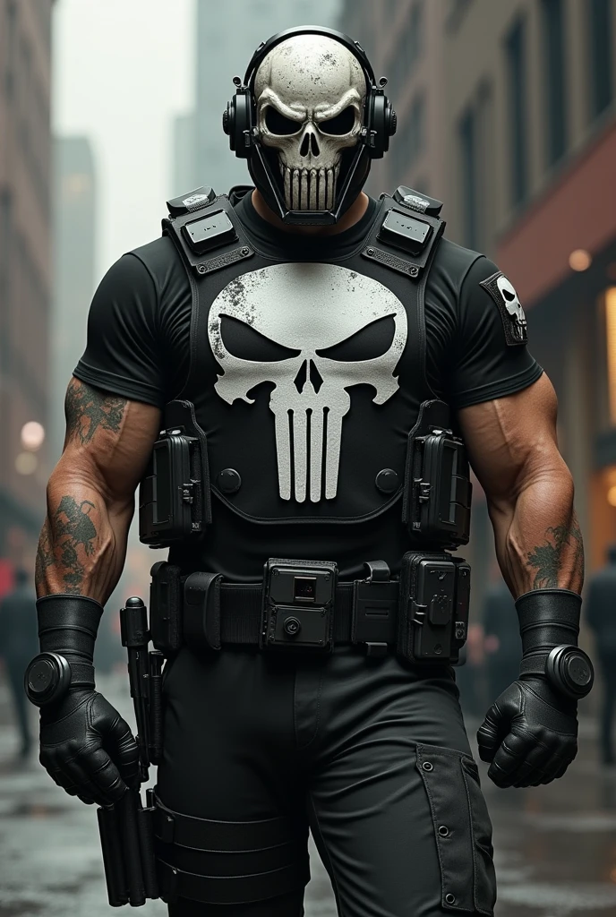 Punisher with tactical armor, bulletproof vest with a sleeveless skull symbol , with short sleeves and a ballistic helmet painted with a skull