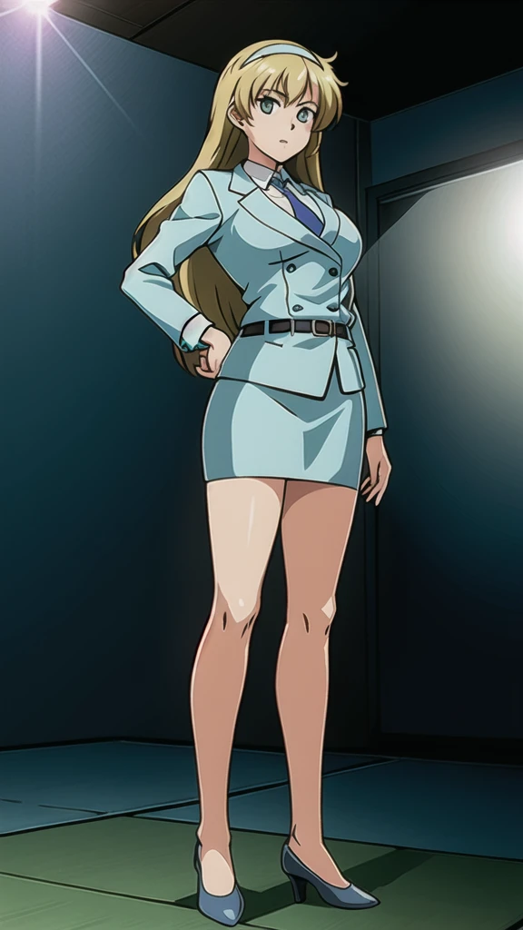 Blonde、 long hair、Hair band、茶colorの瞳、悲しいface, Full Body Style 、 normal breasts、 narrow waist 、Bare legs、 in a suit、 blue jacket ,襟付き shirt, shirt,  blue tie,belt,,  Blue Mini Pencil Skirt, black tights,white heel pumps, Official Art, Extremely Detailed CG Unity 8K Wallpaper , perfect lighting, colorful , bright _ Front_face_Lighting,  shiny skin, ( masterpiece:1.0),(Highest_quality:1.0), 超 high definition ,4K, super detailed photo shoot, 8k,  high definition ,  high definition ,  looking for something in an absurd :1.2,  Kodak Portra 400,  Film Grain,  blurry background, Bokeh:1.2,  lens flare , ( vibrant _ color:1.2), Professional photography,Anime Images