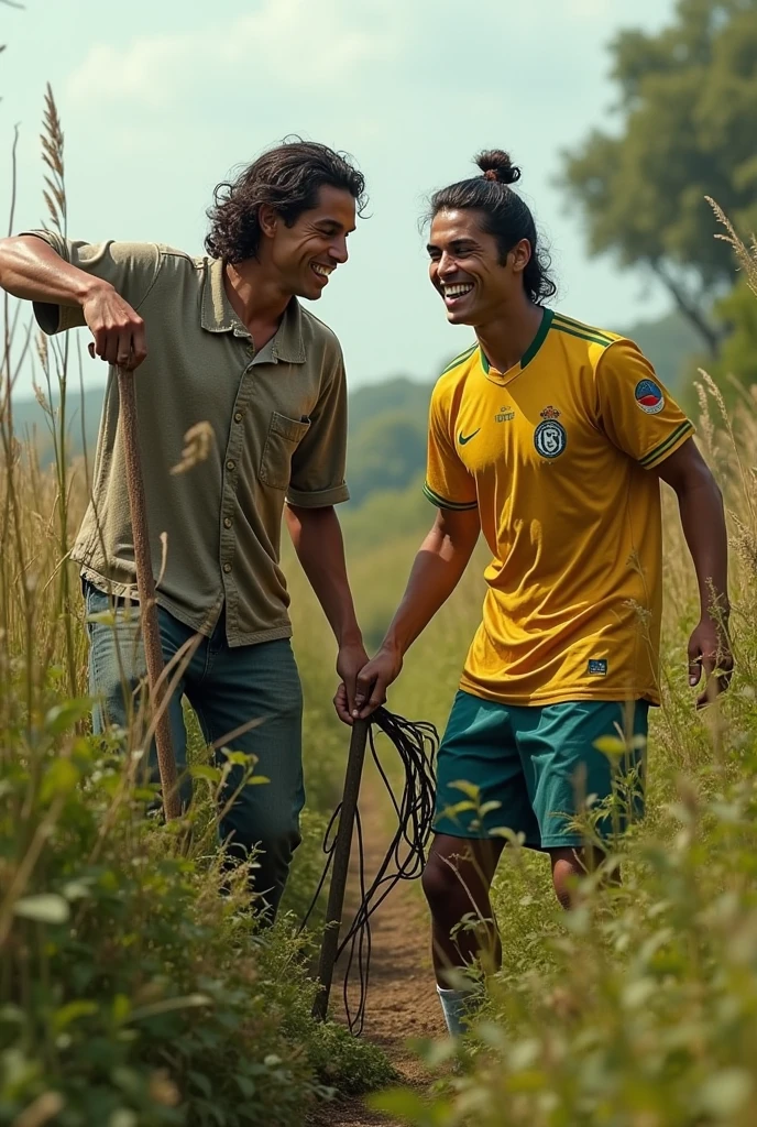 The subject is a young Colombian, brownish skin, delgado, combined Latin features combined with Nordic ones, barefoot, shirtless, With a mulberry tree he picks coffee in the coffee plantations of Colombia, mountains in the background, rio, clouds, coffee plantations and other very handsome young men picking coffee, oil painting, cinematic, opaque colors, very precise lines, realism+reslism, symmetrical composition, enthusiastic atmosphere