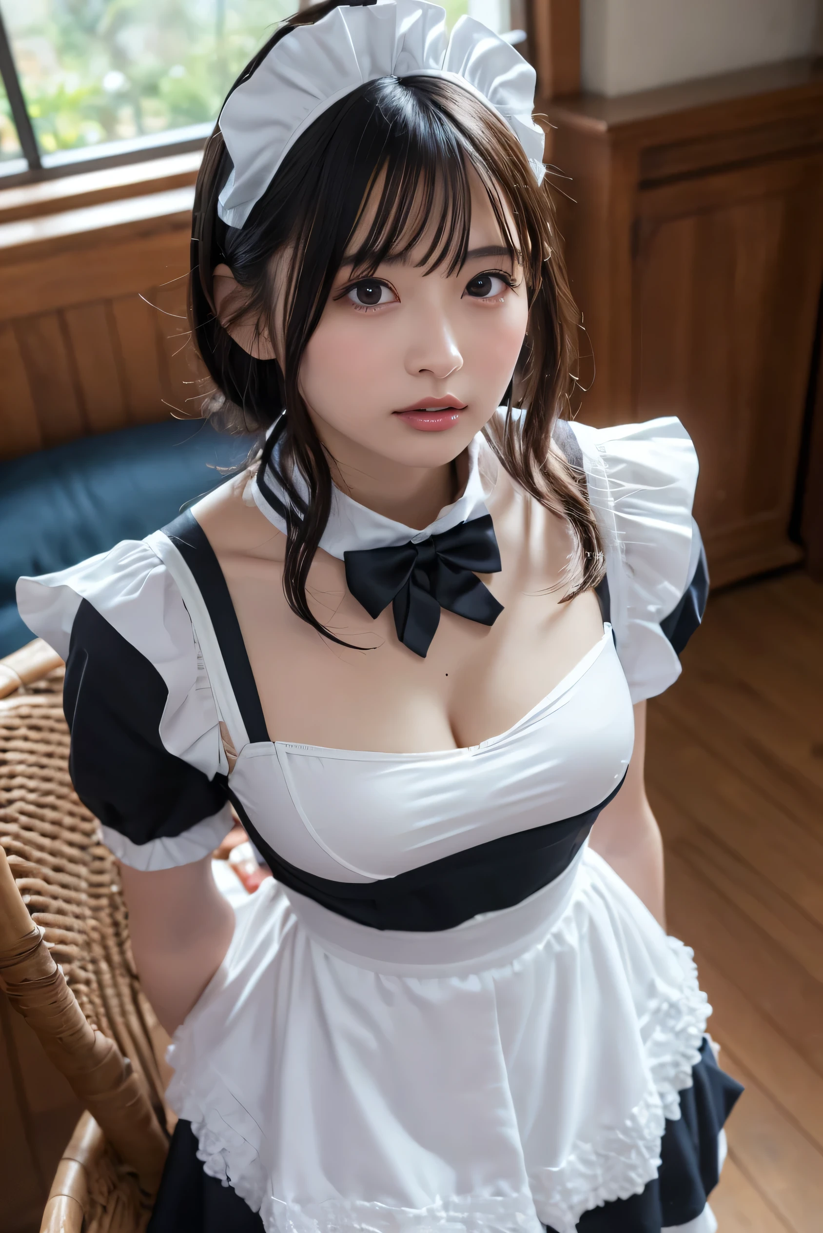 (great masterpiece、high-level image quality、hightquality),((((This female body is so sinful)))),(Perfect body)、A Japanese Lady、20yr old、good looks、(maid cosplay),bangss、modelshoot、(((Artistic photography、Captivate、Corners of the whole body々Fascinate to the fullest)))、