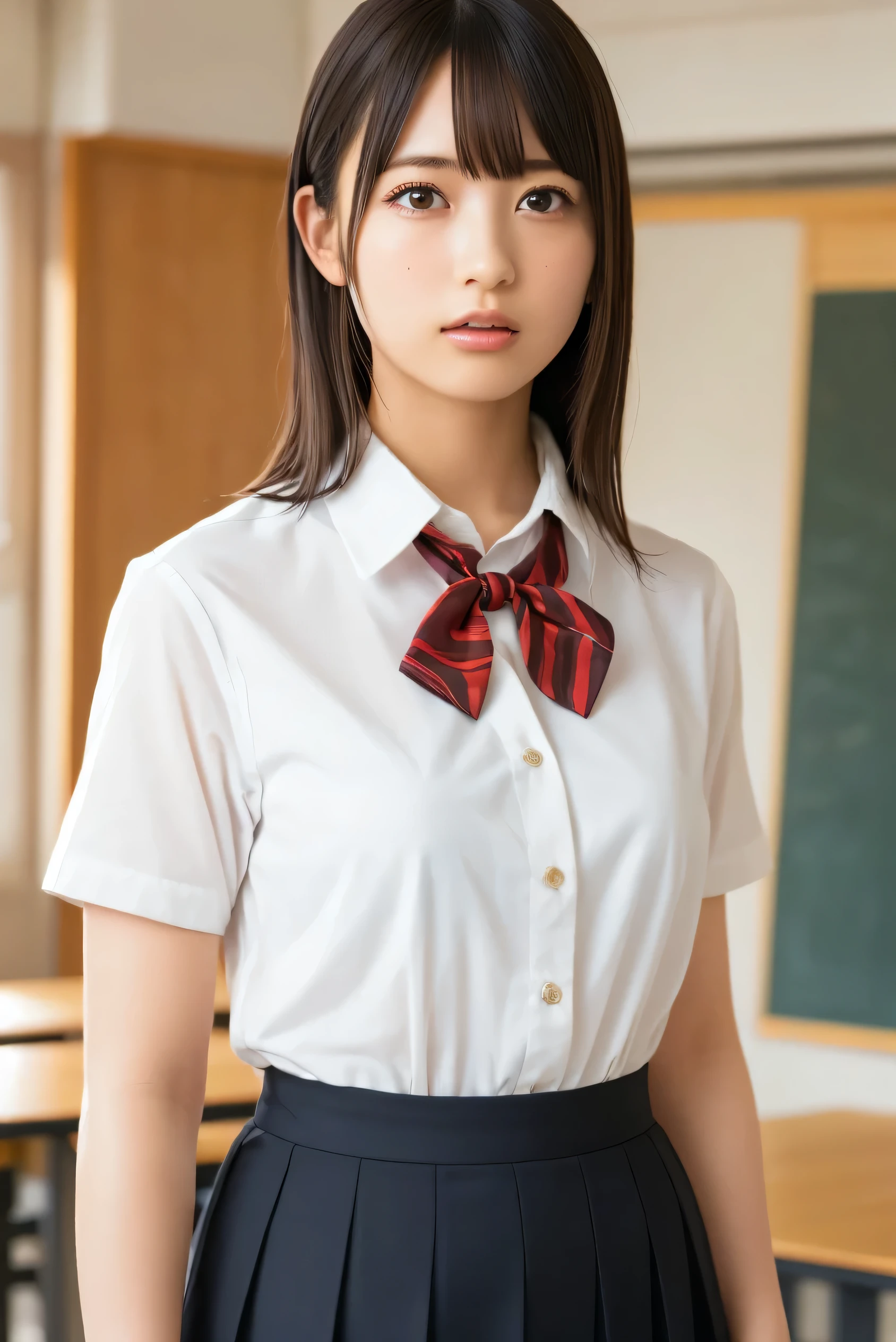 ( best quality :1.4),( Masterpiece :1.4),(Realistic:1.4),(Realistic:1.2),(超 high definition , RAW photo:1.4),( high definition , ultra-detailed:1.2),(8k:1.2),Cinematic photography,Photo of dark hair, one girl,Alone,wear , check skirt ,Knee-length, bow tie , standing,(( Japanese Classroom)),(( upper body:1.3))