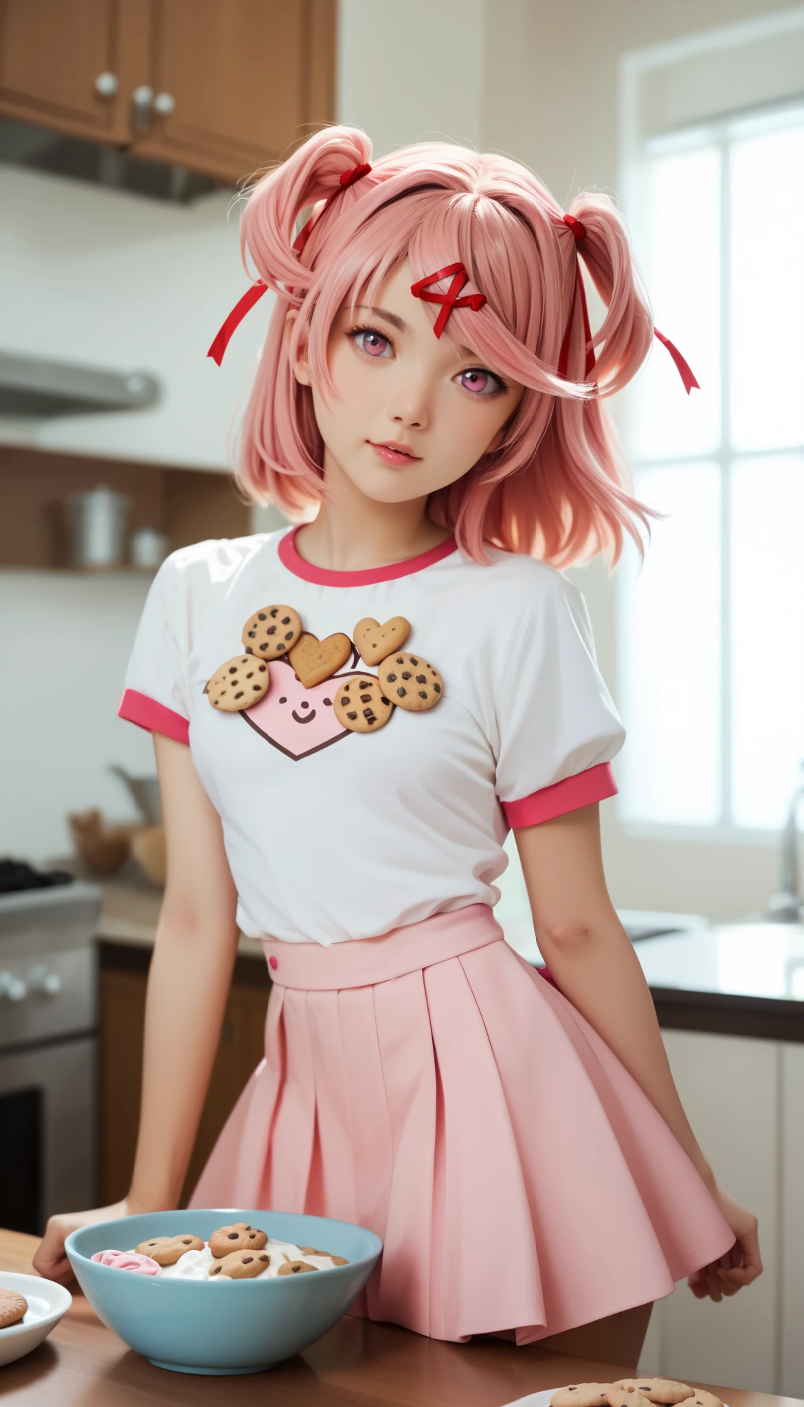 a pretty  girl baking cookies, 1girl, natsuki, solo, pink hair, pink eyes, pink skirt, skirt, two side up, shirt, looking at viewer, bowl, table, indoors