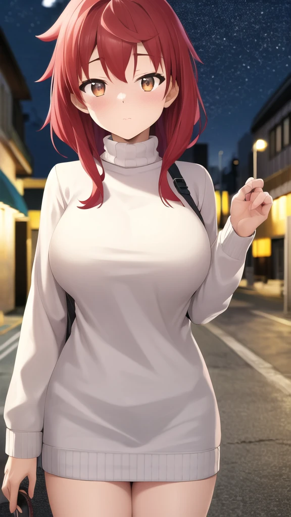 masterpiece, best quality, highres, girl, solo, looking at viewer, enjou_retto, Red hair, Brown Eyes, large breasts, sweater dress, long sleeves, turtleneck, outdoors, street, standing, cowboy shot, night