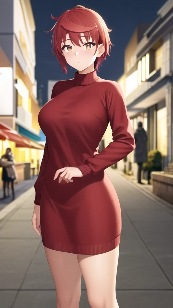 masterpiece, best quality, highres, girl, solo, looking at viewer, enjou_retto, Red hair, Brown Eyes, large breasts, sweater dress, long sleeves, turtleneck, outdoors, street, standing, cowboy shot, night