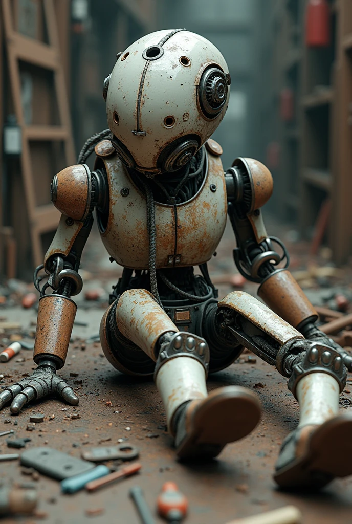 tired (cute:0.7) giant humanoid robot rests on floor inside factory,
hands on floor, spreading legs, (dust:1.2),
 god rays, volumetric light, high detail, machinery,
(BoneyardAI:0.3), cinematic, borderlands, dark,
 <lora:lowra_v10:0.6> <lora:boneyardai_v10:1>