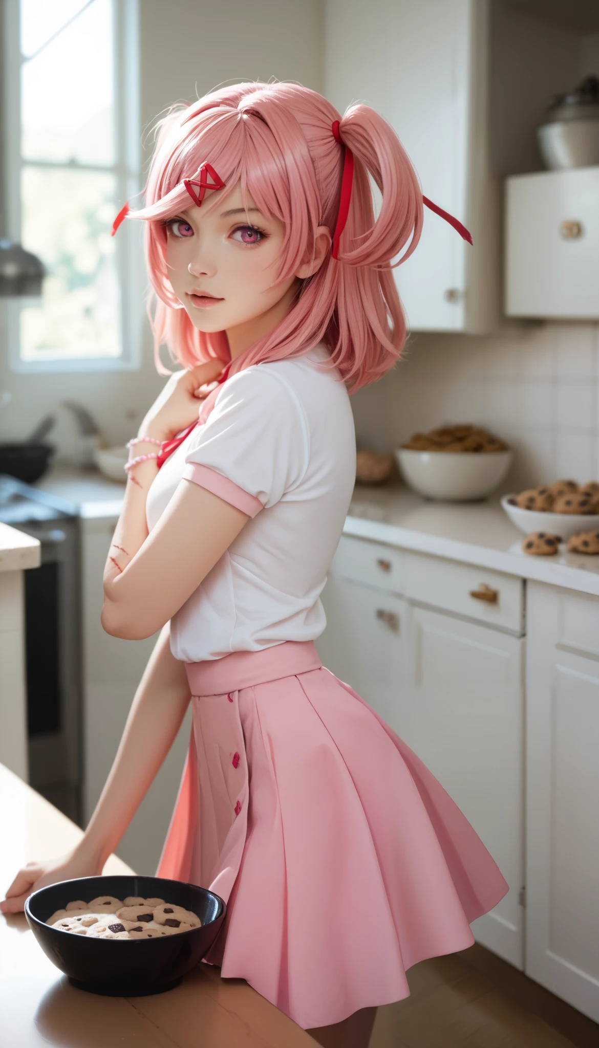 a pretty teen girl baking cookies, 1girl, natsuki, solo, pink hair, pink eyes, pink skirt, skirt, two side up, shirt, looking at viewer, bowl, table, indoors, self-harm scars