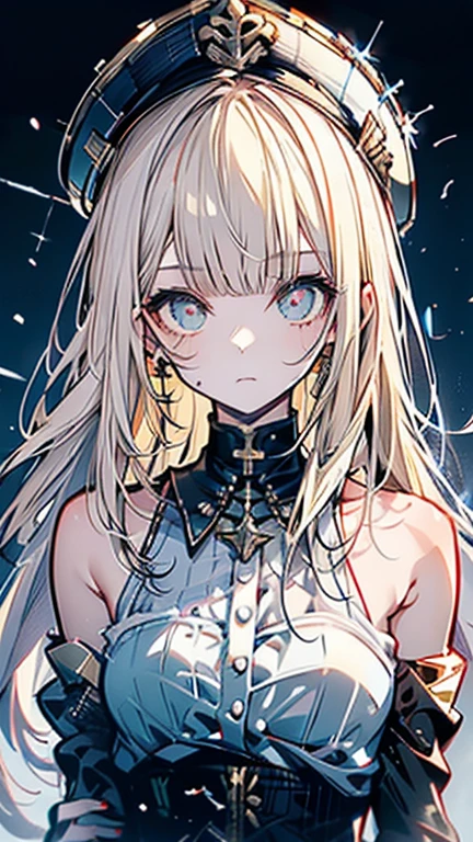 This is art like a book cover. The background is light in color and has an abstract, fractal feel.. In the center is a cute girl with a dynamic pose and angle. she has medium long hair. Her hair color is blonde、It&#39;s a little wavy. She&#39;s like a pen and ink drawing. It&#39;s two-dimensional art. Her eyes are bluish-grey, She has very delicate and beautiful eyes. Her eyes are shining. She looks hopeful.