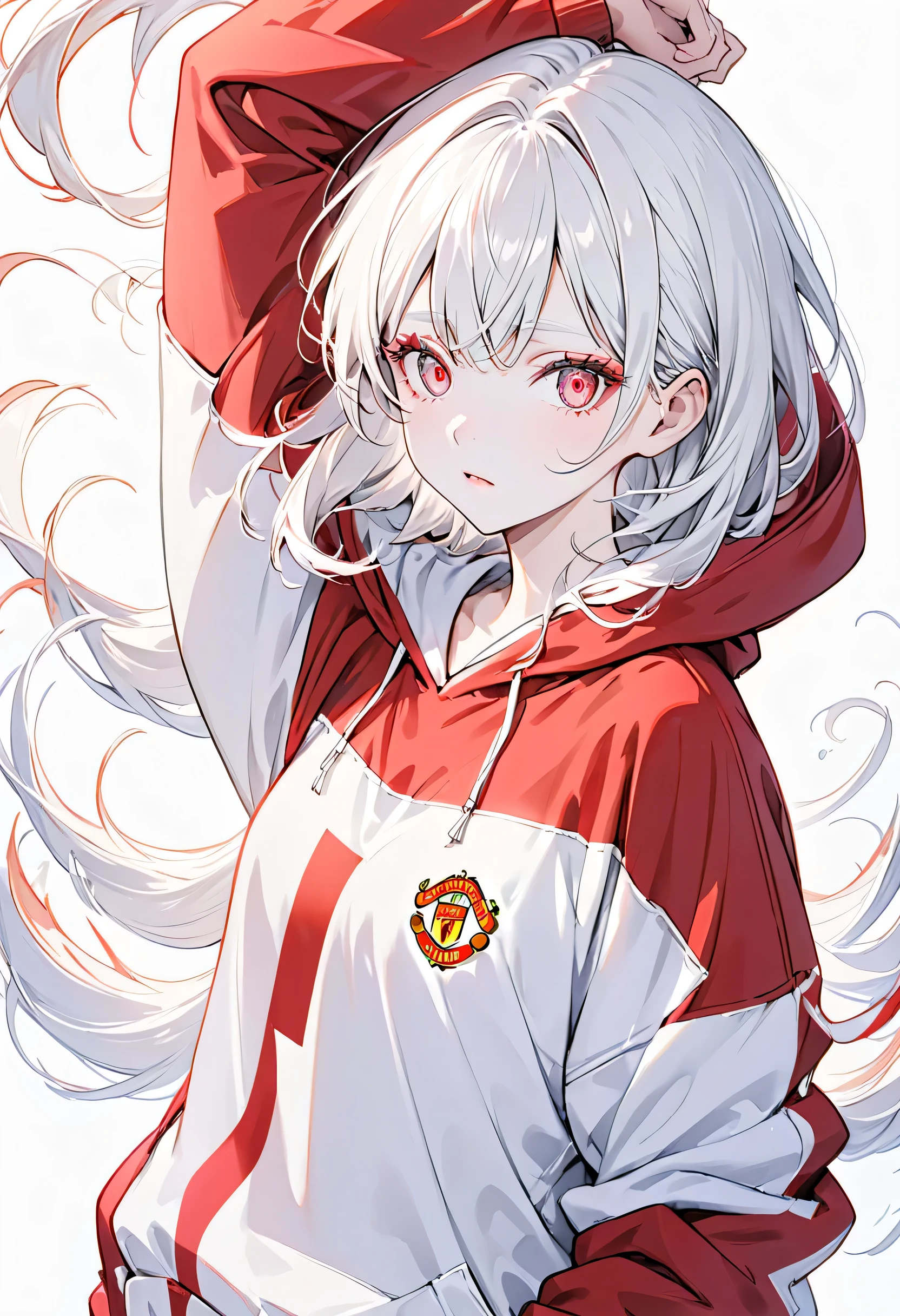  Masterpiece ,  best quality, ((Pure white background)),   bending permanent  ,  slim, Albino Woman , white hair , White eyelashes,Red eyelashes,White eyelashes,White Eyes,Pale red eyes,Purple,peach, White eyebrow, Cold Face,  white skin,マンチェスターユナイテッドの red hoodieを着て, Manchester United 2008 oversized uniform hoodie, red hoodie,loose,Brave expression, Lighting Effects,  soft,  Head Closeup , high resolution picture , (Front)White background, plain background, face the front without drawing anything in the background,Turn this side , looking at the camera, 1 girl