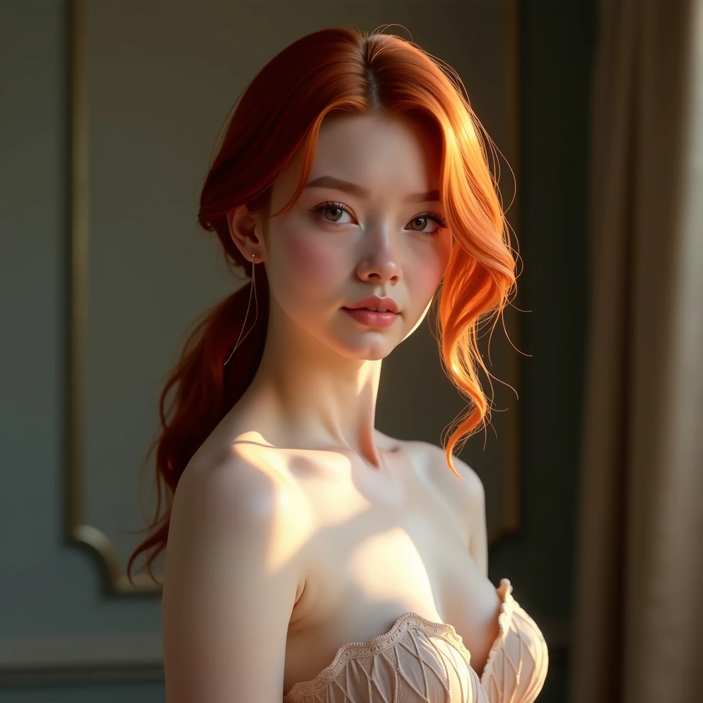 a full body nude redhead woman, hyper detailed skin, intricate facial features, beautiful detailed eyes, beautiful detailed lips, extremely detailed face, porcelain skin, delicate feminine figure, graceful pose, soft natural lighting, cinematic composition, elegant and sensual, warm color palette, chiaroscuro lighting, photorealistic, (best quality,4k,8k,highres,masterpiece:1.2),ultra-detailed,(realistic,photorealistic,photo-realistic:1.37)