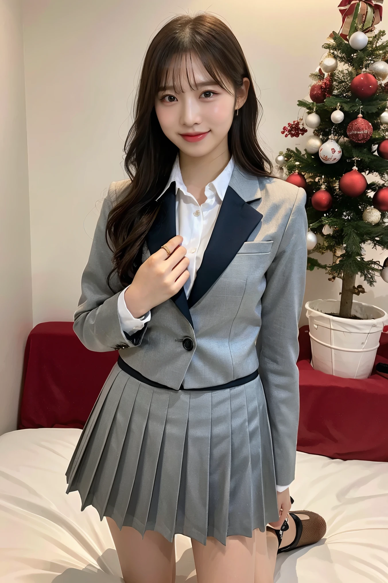 (8k), (highest quality: 1.2), (Realistic), (Realistic: 1.37), Ultra-high resolution, 1 girl, cute, Shiny skin,Blushing,smile, Mouth closed, Beautiful details, Beautiful Nose, whole body, Wet Hair, Giant Dulcefo, pork,Navel exposed,University Student Uniform, nyron inner ,A simple blazer, check Pleated skirt, shiny thighs, Christmas atmosphere, Christmas