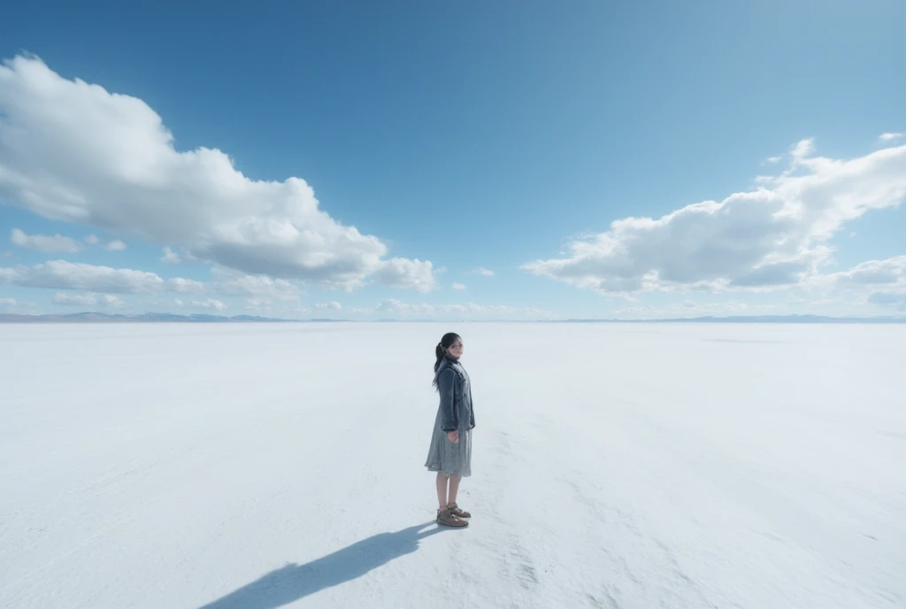  girl,  black hair, sister,  Tie your hair in a ponytail and smile at the speaker, High-quality images,   Masterpiece , Beautiful girl,  Uyuni salt lake reflects blue skies and summer clouds. A girl is walking in the middle, Surrounded by blue skies and white clouds ,  creating an amazingly beautiful view,