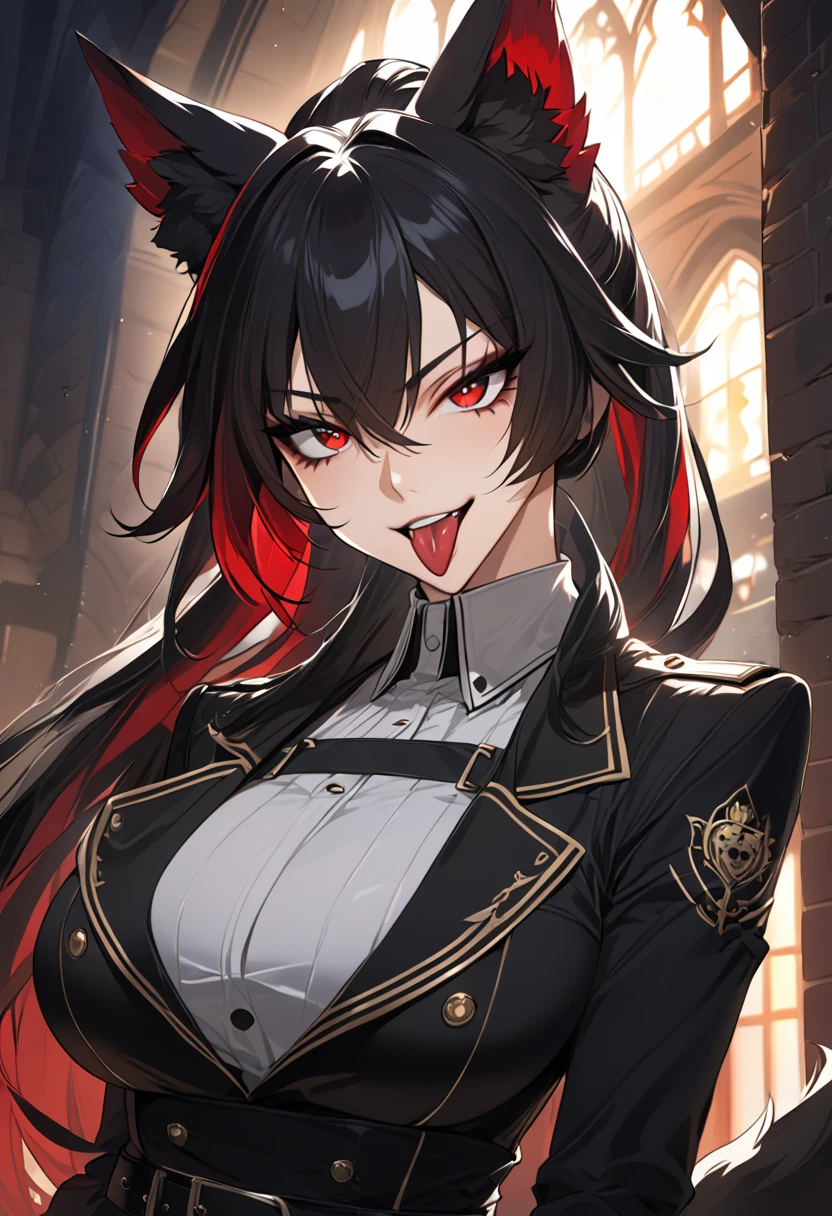 beautiful anime woman wearing a black military trench coat, tight black jeans pants, wolf ears, wolf tail, half wolf and half human, red eye color, black hair in a ponytail, light novel art, detailed anime art, anime, regal, royal, sexy, thicc, beautiful feminine facial features, flirtatious, sultry, slutty, petite, sharp canines, aheago, villain, all black clothing, high quality, very detailed anime art, feminine, slender face, military general vibes, pretty girl, good lighting, close up shot of face, red highlights, lewd smile, cute, naughty wolf girl, cross eyed sticking her tongue out like a slut, naughty and silly lewd expression, very horny wolf girl 