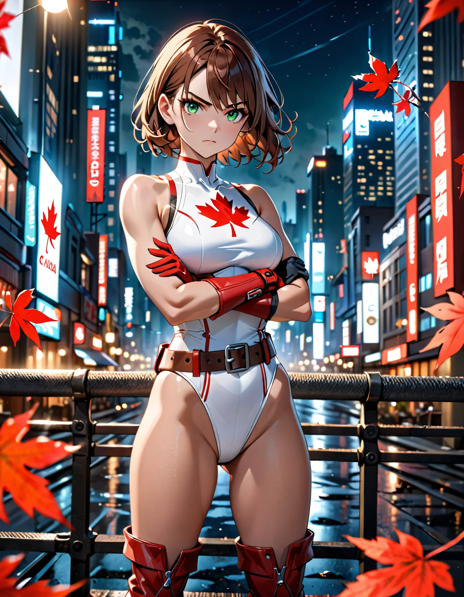 ((Best quality)), ((masterpiece)), (detailed: 1.4), Fighter pilot woman muscular body defined, half thick naked thighs, closed mouth, only panties, muscular body parts covered by technological clothing, (((large breasts)) perfect, generous neckline, (((red and white clothing)), Canada, pastel, mohawk black short hair with red locks, short underwear, garter belt, by mucha, niji --V5,  close to real, best quality, almost naked, psychopath, crazy face, sexy pose, background with falling leaves, 2 pieces clothing, sheet drawings symbol of Canada, cyberpunk, dark red bra with white sheet, ((((clothes with the colors of the flag of Canada))), pointed shoulder pads, green eyes without pupils, HDR (High Dynamic Range),Ray Tracing,NVIDIA RTX, Super-Resolution,Unreal 5,Subsurface Dispersion, PBR Texture, Post-processing, Anisotropic Filtering, Depth of Field, Maximum Clarity and Sharpness, Multilayer Textures, Albedo and Specular Maps, Surface Shading, Accurate Simulation of Light-Material Interaction, Perfect Proportions, Octane Render, Two-Tone Lighting, Wide Aperture, Low ISO, White Balance, Rule of Thirds, 8K RAW, Crysisnanosuit