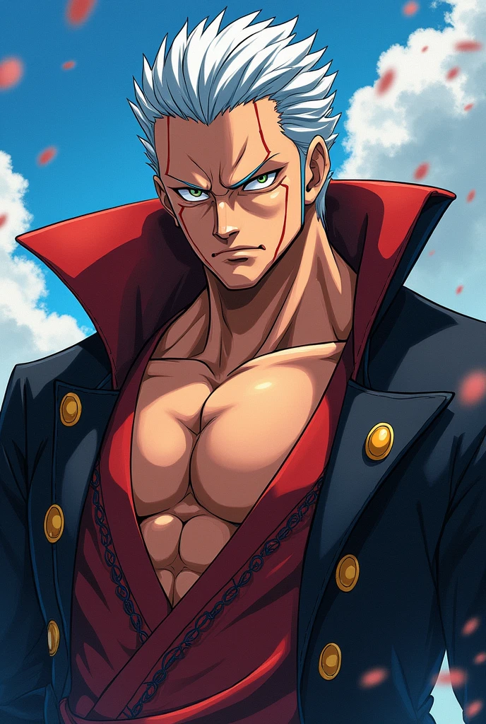 (masterpiece, best quality, anatomically correct:1.2), cowboy shot, solo, male focus, 1boy, sukuna, smile, wearing black and red jacket, tattoo_on_his_face, tattoo_ryoumen, hands in a pocket, pink hair, manly, muscular,