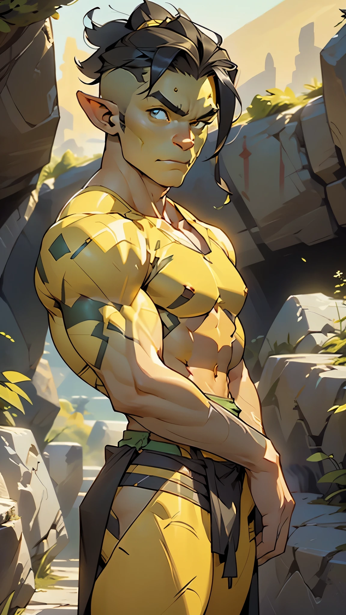 (((orc, orc male))), green colored skin, ((mature orc male)), abs, toned,  short black hair, (thorn clothes,loincloth), savage expression, barbarian outfit

((very yellow skin,yellow colored skin,very yellow colored skin,yellow skin,yellow face)),

((muscle legs:1.5,muscular thighs:1.5,muscular girl:1.5,muscular:1.5,feminine and muscular,((ABS:1.5)),arm muscle:1.5,Strong physique,bulky:1.5,pectoral))

(dynamic pose:1.0),(centered,scale to fit dimensions,Rule of thirds,cowboy shot),

mountain scenery:1.25,((stone scenery)),

((best quality)), ((masterpiece)), (detailed), Realistic Shadows, Detailed skin, Very detailed, highly detailed face, Perfect face shape,Perfect nose, Correct beautiful eyes, Watching Viewer, Best Quality,(intense colors), ((3d)),
