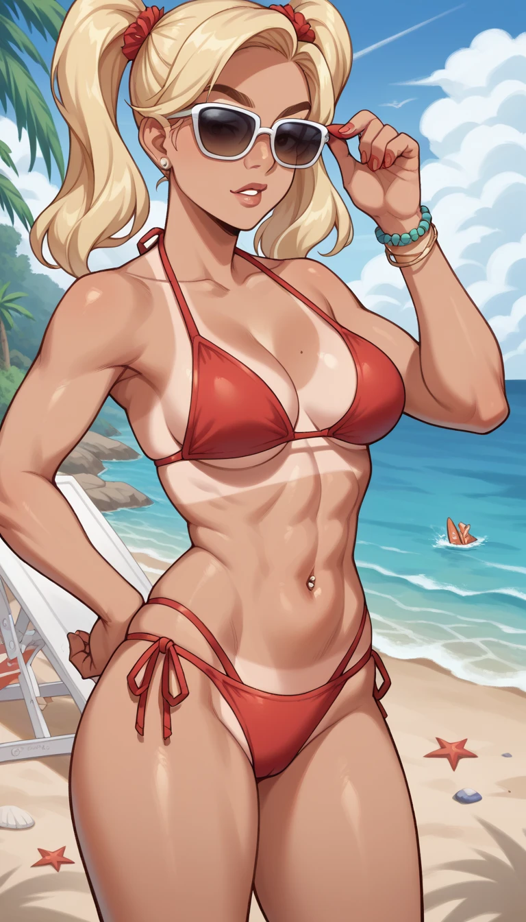 Woman Tan  skin, Blonde , , rich bikini, fitness body, sunglasses, Traces of sunburn, Beach, twintails, Milinial body, medium breasts, glamorous 