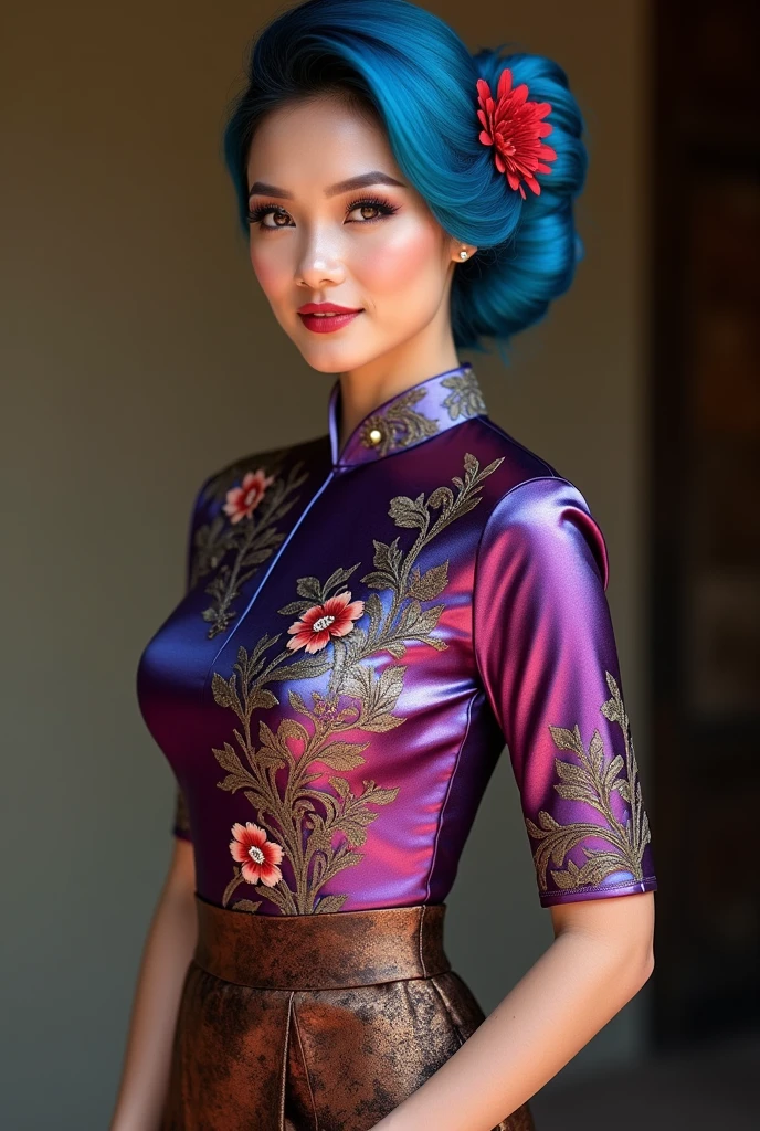 (masterpiece, best quality:1.2), 1girl, solo, large breasted, beautiful Indonesian woman, shiny holographic chrome magenta blue and magenta gradient kebaya with floral intricate embroidery, paired with a traditional brown batik tight skirt featuring leaf patterns printed. Her blue and magenta gradient hairstyle, styled in a neat traditional bun with red flower accents, same with her shiny kebaya. slim wait, wide hip, flawless makeup, 