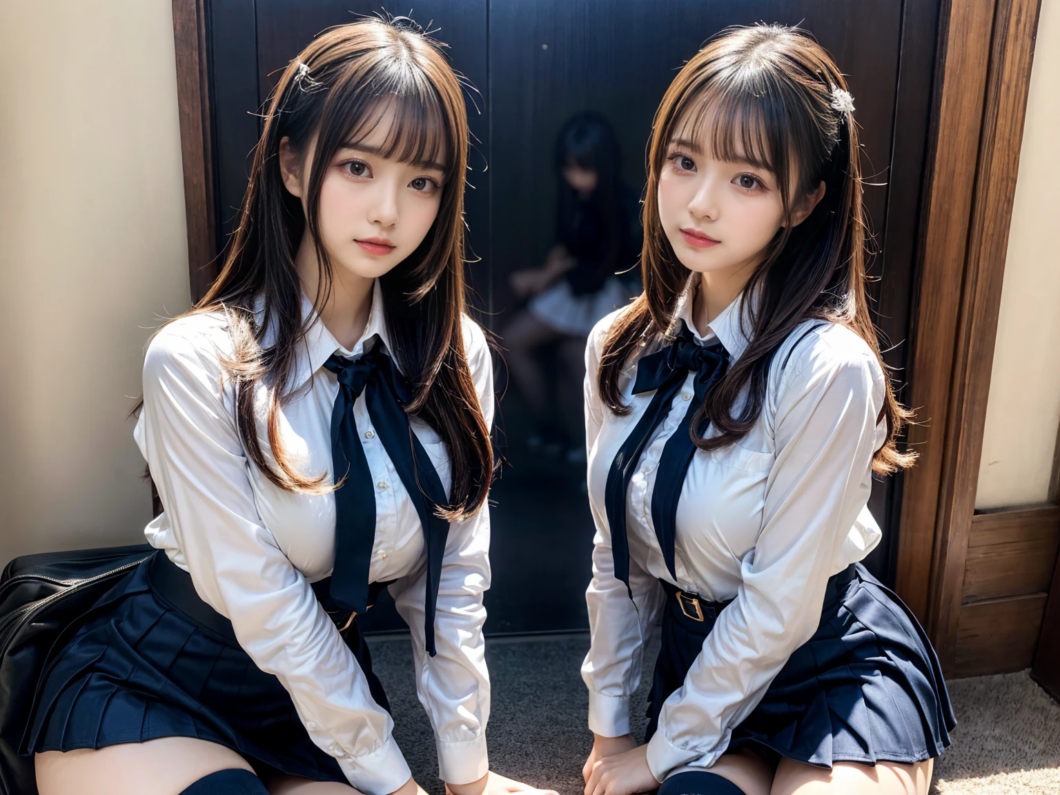(8K, Raw photography, top-quality, masterpiece:1.2), master piece, best quality, illustration, Super detailed, fine details, High resolution, 8K,wall paper, perfect dynamic composition,(Details High quality, realistic depiction of eyes:1.3), ((2 girls, 2 girls)), The background is a luxury hotel room、High school girl uniform、blazer 、Super Short Check Uniform Skirt、Navy blue high socks、garterbelts、Colossal tits、Disturbed uniform, Play with each other,Touching each other's bodies,Touching the body of the girl next door, short bob hair, black hair color, huge breasts, Big Natural Color Lip, bold sexy pose, (perfect body shape), crying a little、Beautiful makeup,glitter makeup,Cutest 18 years old, beautiful legs, hposing Gravure Idol, Voluptuous thighs