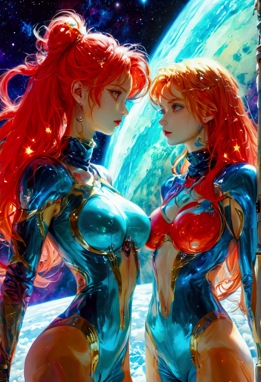 masterpiece, best quality, (extremely detailed CG unity 8k wallpaper), (best quality), (best illustration), (best shadow), absurdres, realistic lighting, (Abyss), beautiful detailed glow, a drawing of red sonja illustration, female barbarian, style of frank miller, frank miller style, by Frank Miller, frank frazetta manga style, frank frazetta style, tanned and beautiful orange haired woman, picture of an adult male and female warrior, steal ring bikini wearing woman holding a steal swords, she is wearing gloves. it is a summer day, blue sky, white clouds, noon time, they are standing on a grass field. female barbarian,