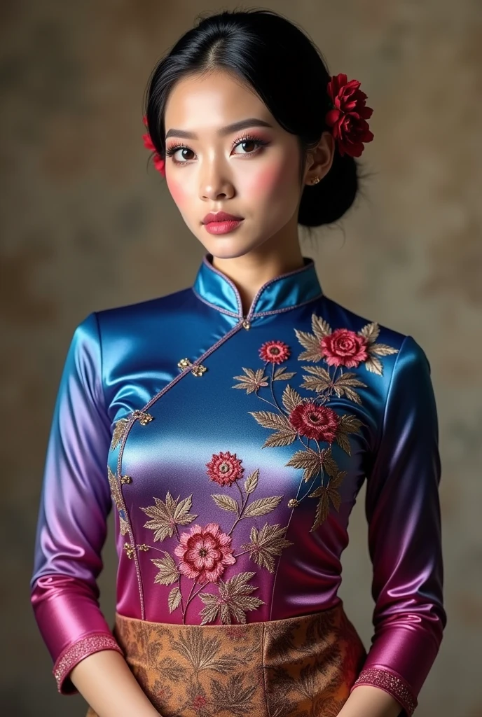 (masterpiece, best quality:1.2), 1girl, solo, large breasted, beautiful Indonesian woman, shiny holographic chrome magenta blue and magenta gradient kebaya with floral intricate embroidery, paired with a traditional brown batik tight skirt featuring leaf patterns printed. Her blue and magenta gradient hairstyle, styled in a neat traditional bun with red flower accents, same with her shiny kebaya. slim wait, wide hip, flawless makeup, 