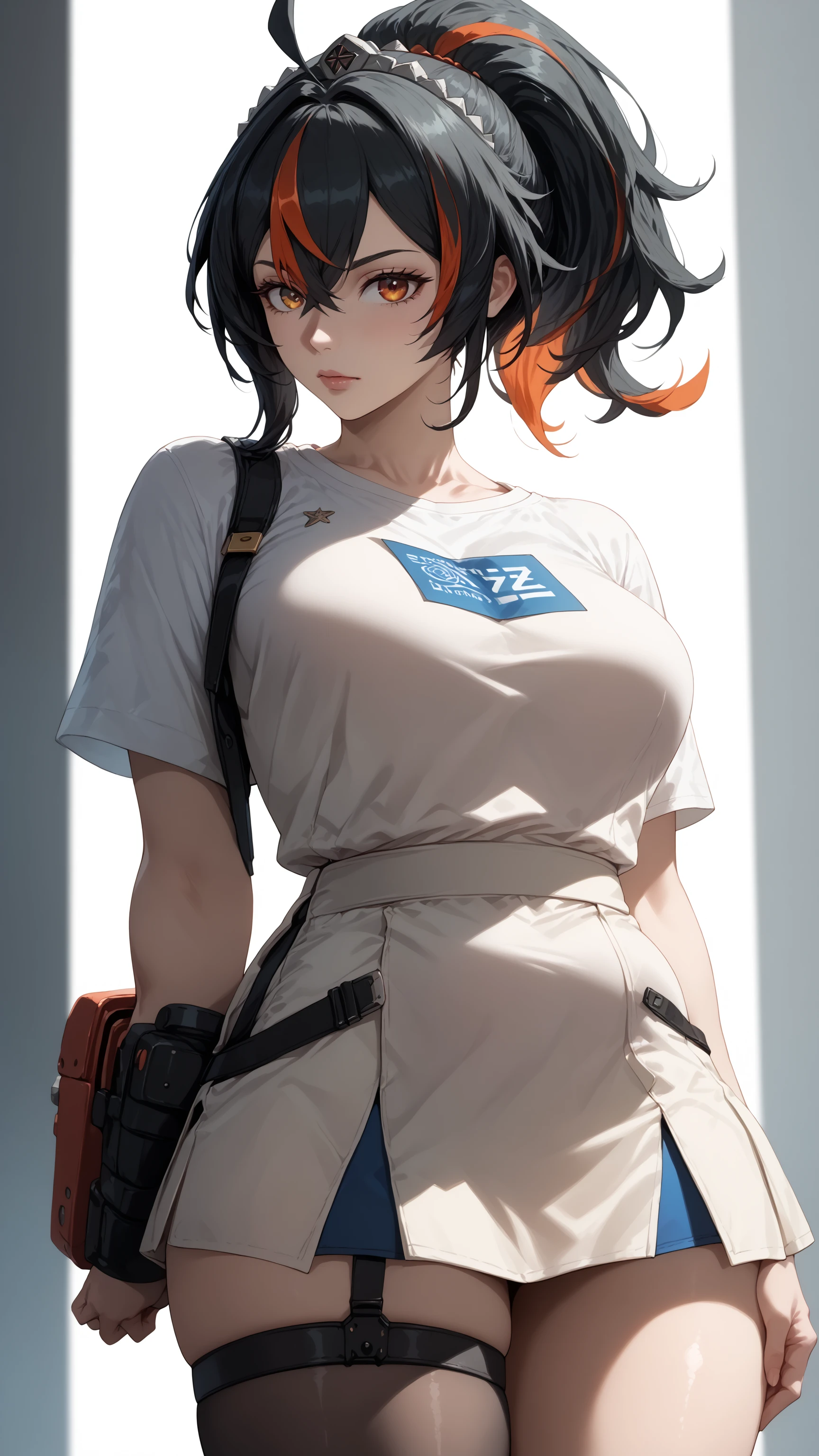 ((best quality)), masterpiece,looking at viewer,full body,arms behind back Zhu Yuan from Zenless Zone Zero, with ponytail hair featuring black hair, STREAKED HAIR AT THE MIDDLE HAIR. She possesses a perfect body with notably large breasts, standing upright and making direct eye contact with the viewer.white slimfit tshirt,white skirt, with her arms elegantly positioned behind her back, showcasing long, enticing legs.