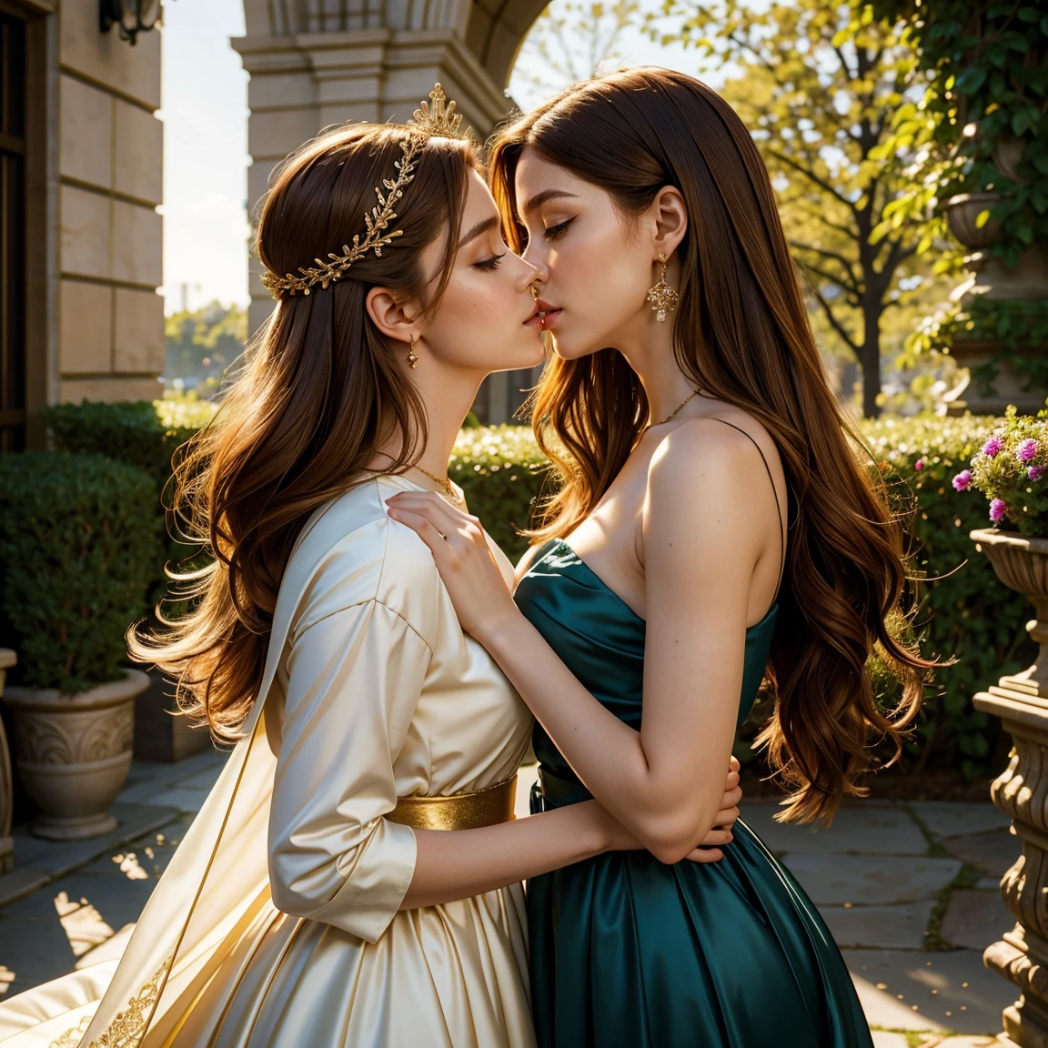 (​masterpiece, best quality:1.5), highest quality, High resolution, super detailed, Realists, Upper body photo of brunette woman, detailed and beautiful eyes, beautiful detailed lips, very detailed eyes and face, longeyelashes, Woman in shiny satin evening dress, Beautiful and colorful makeup, Long braided hairstyle, elegant and noble々Pose,shiny crown and jewels, Gardens as background, soft daylight, bright colors, fine brushstrokes, Portrait style, Noble details in the dress fabric, beautiful color palette, glowing skin, First-class rendering, that captures every detail, enchanting atmosphere, subtle shadows and lights, (perfect anatomy:1.2), (Two stunning women are deeply in love:1.4), (kiss:1.2), (magnificent panorama view:1.2)
