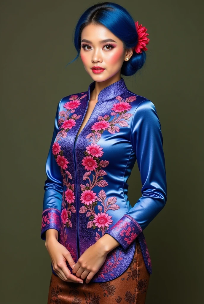 (masterpiece, best quality:1.2), 1girl, solo, large breasted, beautiful Indonesian woman, shiny holographic chrome magenta blue and magenta gradient kebaya with floral intricate embroidery, paired with a traditional brown batik tight skirt featuring leaf patterns printed. Her blue and magenta gradient hairstyle, styled in a neat traditional bun with red flower accents, same with her shiny kebaya. slim wait, wide hip, flawless makeup, 