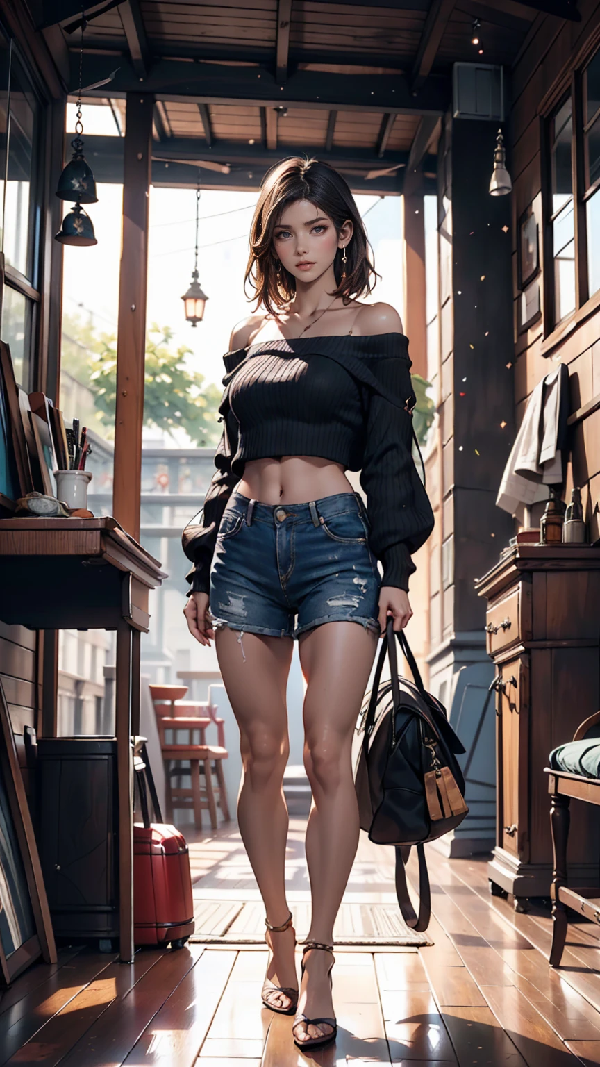 24-year-old female、Sheer front cut-out((front cutout))Wear tops、Wear low rise leggings、smile、View your viewers、Inside a record store in the 80s、Hang headphones around your neck、Hold up a Beatles record jacket and show it to the audience、I'm glad you found your purpose