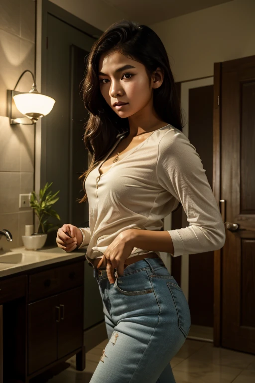 A sweet beautiful Indonesian  college girl  walking carefully sneaking into the dark empty room followed by a bad guy, she dosen't know that she is get chased by a bad guy, she has slim beautiful body, she is a sashi and attractive girl, about nineteen years old, very nate short wavy hairs, her skins and hairs are little sweaty, she is descent mixed from sundanese and javanese,  wearing beautiful long sleeve buttoned  casual clothes, full curiosity  pretty georgeus face , she is looking for her friend and made promise to get meeting here,  very realistic, very detail, terrible sensual artistics appearance, best  results,  