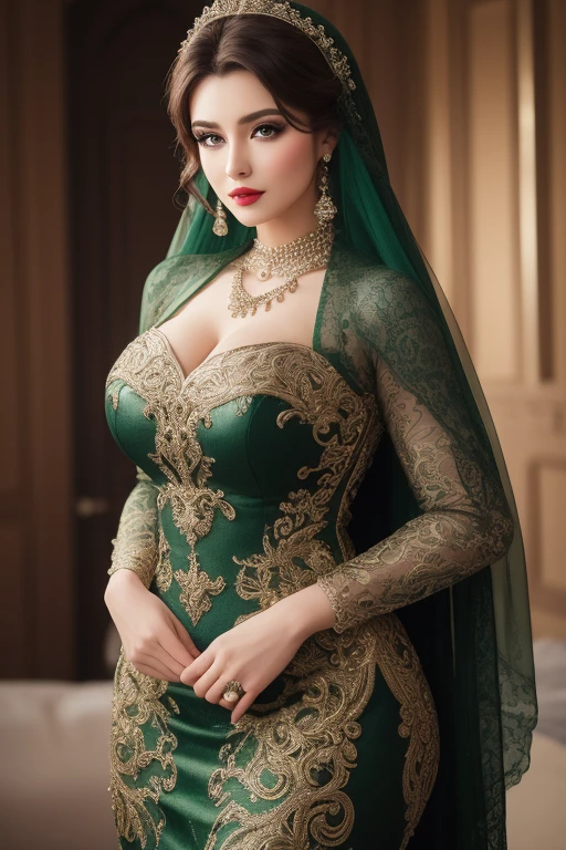Arabic woman with very longest black hair, wearing green jacket and  closed black shirt with veil, body full photo, biggest chest and huge body, red lips,blue eyes, high face quality ,round face ,Wide broad face