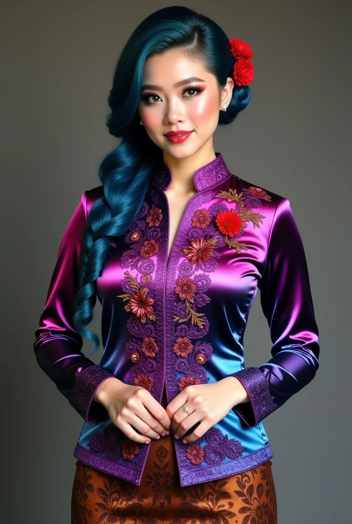 (masterpiece, best quality:1.2), 1girl, solo, large breasted, beautiful Indonesian woman, shiny holographic chrome magenta blue and magenta gradient kebaya with floral intricate embroidery, paired with a traditional brown batik tight skirt featuring leaf patterns printed. Her blue and magenta gradient hairstyle, styled in a neat traditional bun with red flower accents, same with her shiny kebaya. slim wait, wide hip, flawless makeup, 