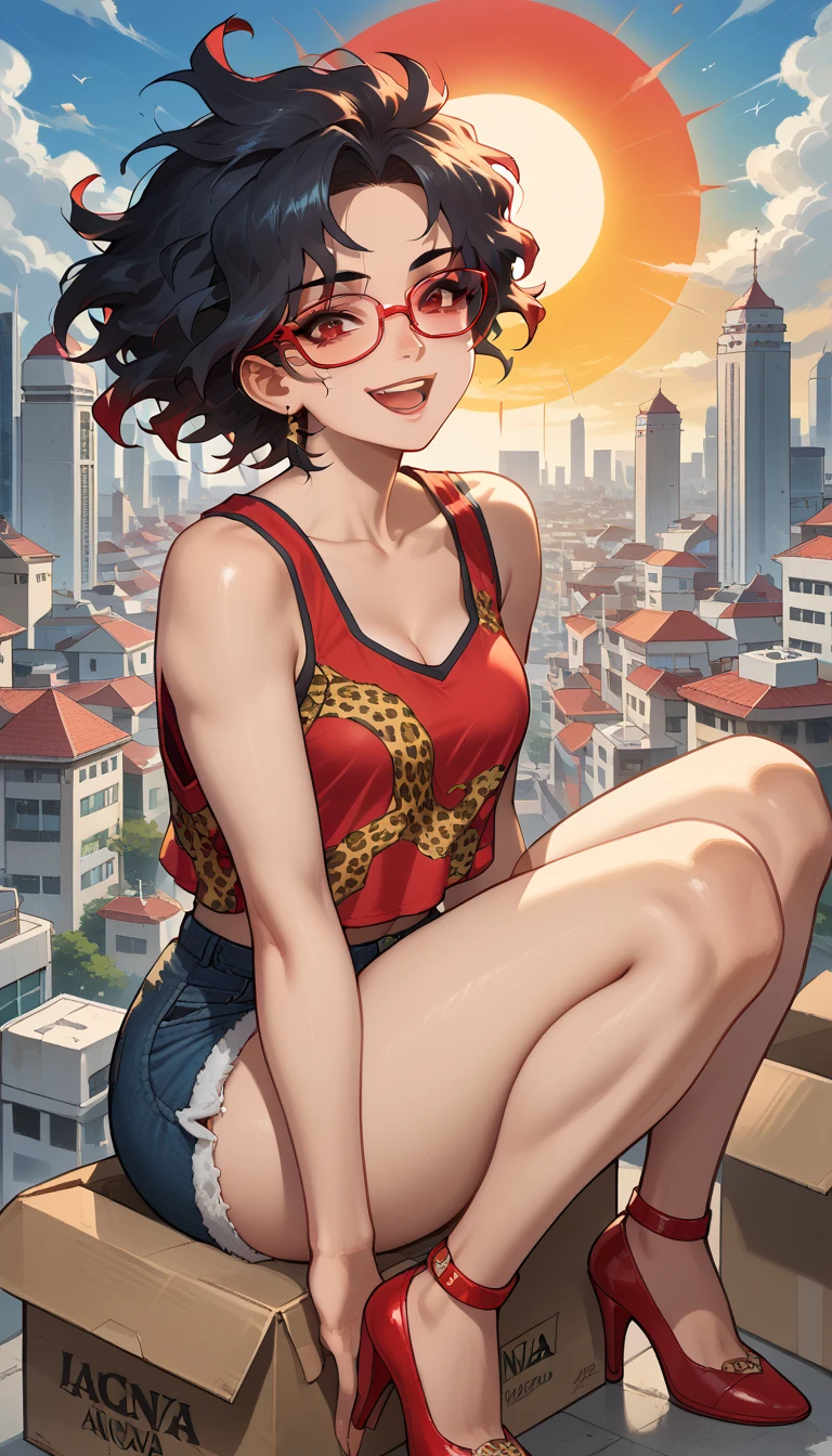 (  masterpiece , official art), 1 girl, Alone,   black hair ,   dark glasses with red lenses ,   long, disheveled hair  ,   tank top with jaguar print, , shorts de ganga,   thick thighs  ,, portrait, (  medium and symmetrical  ), ( open air, on the day, Sun in the city ),  looking at the viewer ,  smile, seductive, Attractive clothes,  sitting on a box , high heels