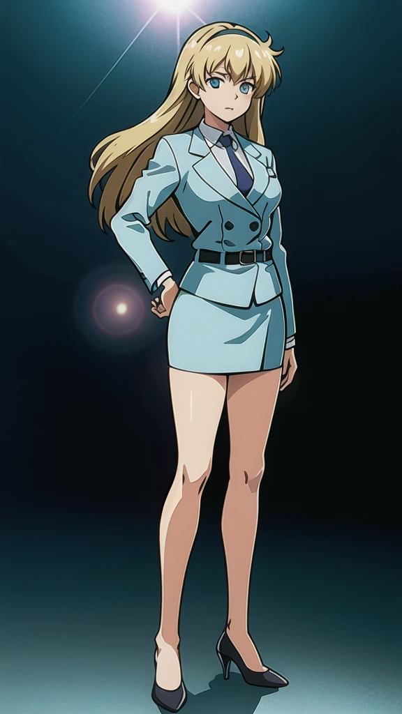 Blonde、 long hair、Hair band、茶colorの瞳、悲しいface, Full Body Style 、 normal breasts、 narrow waist 、Bare legs、 in a suit、 blue jacket ,襟付き shirt, shirt,  blue tie,belt,,  Blue Mini Pencil Skirt, black tights,Black High Heels, Official Art, Extremely Detailed CG Unity 8K Wallpaper , perfect lighting, colorful , bright _ Front_face_Lighting,  shiny skin, ( masterpiece:1.0),(Highest_quality:1.0), 超 high definition ,4K, super detailed photo shoot, 8k,  high definition ,  high definition ,  looking for something in an absurd :1.2,  Kodak Portra 400,  Film Grain,  blurry background, Bokeh:1.2,  lens flare , ( vibrant _ color:1.2), Professional photography,Anime Images