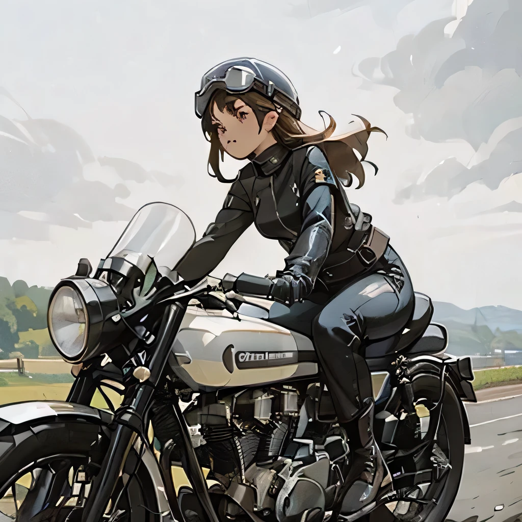 (A young female rider speeds along on a motorcycle)、Vintage Bikes、Bluff Superior SS100、Isle of Man Races、Leather jumper、Cromwell helmet with goggles、After the Rain、English countryside、(Highest quality, masterpiece, High resolution)、8k、wallpaper