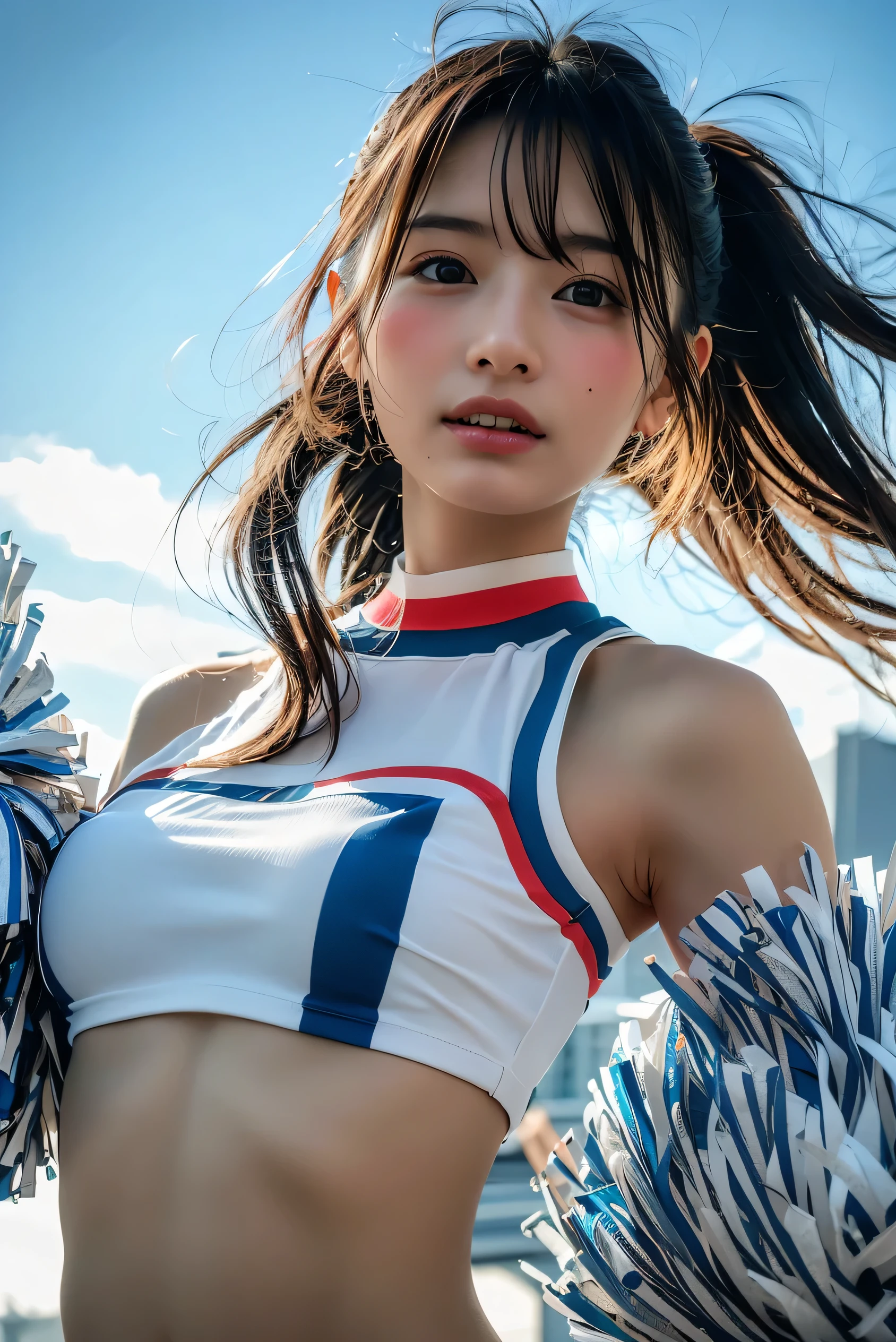 ((Best Quality, 8k, masterpiece: 1.3)), sharp: 1.2, perfect body beauty : 1.4, slim abs : 1.2, (whole body: 1.2), (Tight, off-the-shoulder see-through), ( under bust: 1.1), ,(( cheerleader uniform:1.3)),Cute Japanese, cheerleader,(( upper body:1.3)),printing {black|pink|green|purple|gray} panties, ( looking down at the camera )、