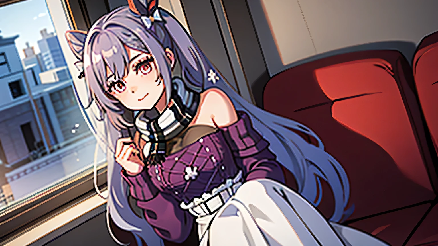 gikeqlr, 1girl, sweater, scarf, twintails, long skirt, light smile, INT. TRAIN COMPARTMENT - DAY
Anya sits by the window, her eyes fixed on the passing scenery. She's lost in thought, a gentle smile playing on her lips.