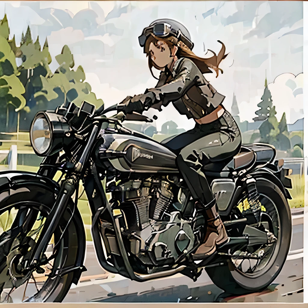 (A young female rider speeds along on a motorcycle)、Vintage Bikes、Bluff Superior SS100、Isle of Man Races、Leather jumper、Cromwell helmet with goggles、After the Rain、English countryside、(Highest quality, masterpiece, High resolution)、8k、wallpaper