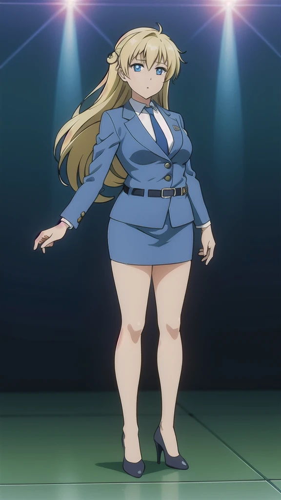 Blonde、 long hair、Hair band、茶colorの瞳、悲しいface, Full Body Style 、 normal breasts、 narrow waist 、Bare legs、 in a suit、 blue jacket ,襟付き shirt, shirt,  blue tie,belt,,  Blue Mini Pencil Skirt, black tights,Black High Heels, Official Art, Extremely Detailed CG Unity 8K Wallpaper , perfect lighting, colorful , bright _ Front_face_Lighting,  shiny skin, ( masterpiece:1.0),(Highest_quality:1.0), 超 high definition ,4K, super detailed photo shoot, 8k,  high definition ,  high definition ,  looking for something in an absurd :1.2,  Kodak Portra 400,  Film Grain,  blurry background, Bokeh:1.2,  lens flare , ( vibrant _ color:1.2), Professional photography,Anime Images