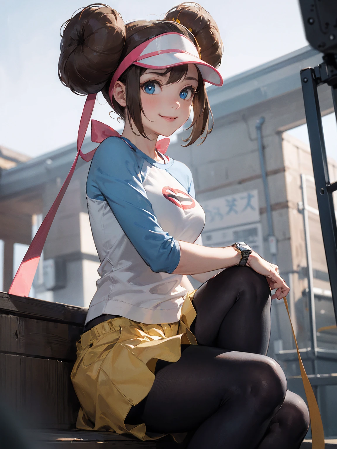 lyra,brown eyes, brown hair, red shirt, denim shorts, overalls, white thighhighs, cabbie hat, bow, looking at viewer, smiling, happy, teeth, sitting, on bench, legs crossed, outside, park, trees, fiedl, blue sky,  high quality, masterpiece, <lora:Lyra:.8>