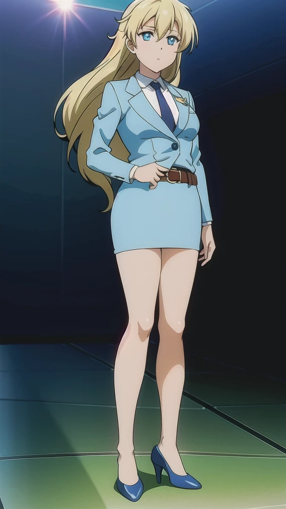 Blonde、 long hair、Hair band、茶colorの瞳、悲しいface, Full Body Style 、 normal breasts、 narrow waist 、Bare legs、 in a suit、 blue jacket ,襟付き shirt, shirt,  blue tie,belt,,  Blue Mini Pencil Skirt, black tights,Black High Heels, Official Art, Extremely Detailed CG Unity 8K Wallpaper , perfect lighting, colorful , bright _ Front_face_Lighting,  shiny skin, ( masterpiece:1.0),(Highest_quality:1.0), 超 high definition ,4K, super detailed photo shoot, 8k,  high definition ,  high definition ,  looking for something in an absurd :1.2,  Kodak Portra 400,  Film Grain,  blurry background, Bokeh:1.2,  lens flare , ( vibrant _ color:1.2), Professional photography,Anime Images