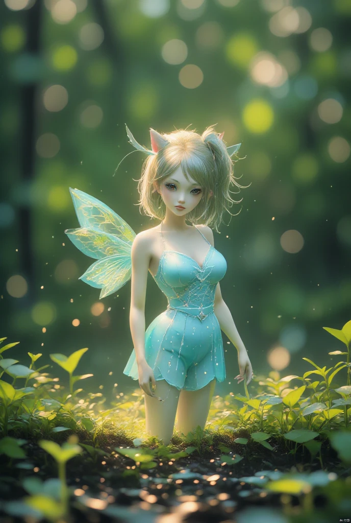 a beautiful indonesian woman becomes a fairy, green eyes, sharp ears, tied silver hair, pale skin, aim the target with a bow and arrow. the fantasy world of the forest fairy community as background details. look at the viewer, cinematic light, wide angle full body shot, realistic anime, fantasy bokeh effect