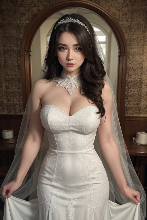 Sugihara anri, ((solo)), alone, bride, wearing a white sexy wedding dress, queen, happy, ((forehead to show)), standing, entering the church, dark hair, long hair, delicate, young, long hair, detailed face, high definition, ((full body)), (flowers around her), full body, she is a beautiful woman getting married, face with high quality, beautiful, radiant