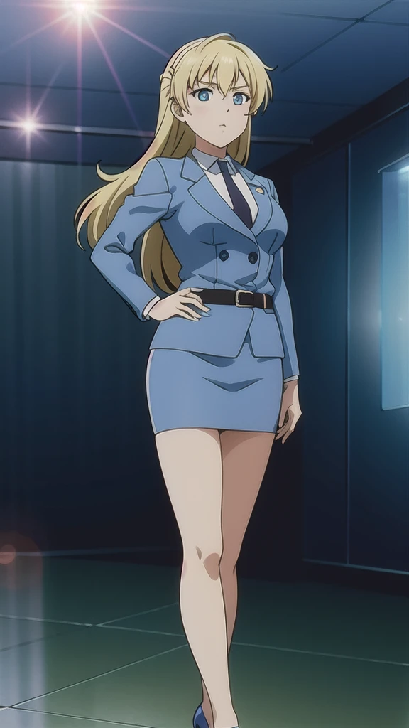 Blonde、 long hair、Hair band、茶colorの瞳、悲しいface, Full Body Style 、 normal breasts、 narrow waist 、Bare legs、 in a suit、 blue jacket ,襟付き shirt, shirt,  blue tie,belt,,  Blue Mini Pencil Skirt, black tights,Black High Heels, Official Art, Extremely Detailed CG Unity 8K Wallpaper , perfect lighting, colorful , bright _ Front_face_Lighting,  shiny skin, ( masterpiece:1.0),(Highest_quality:1.0), 超 high definition ,4K, super detailed photo shoot, 8k,  high definition ,  high definition ,  looking for something in an absurd :1.2,  Kodak Portra 400,  Film Grain,  blurry background, Bokeh:1.2,  lens flare , ( vibrant _ color:1.2), Professional photography,Anime Images