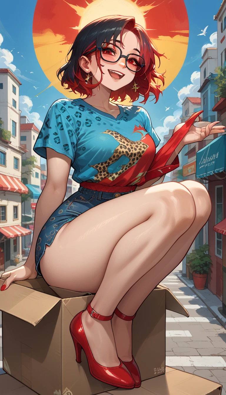 (  masterpiece , official art), 1 girl, Alone,   black hair ,  ((( dark glasses with red lenses ))),   long fringed hair ,   leopard print sleeveless t-shirt, , cyan blue panties ,   thick thighs  ,, portrait, (  medium and symmetrical  ), ( open air, on the day, Sun in the city ),  looking at the viewer ,  smile, seductive, Attractive clothes,  sitting on a box , high heels