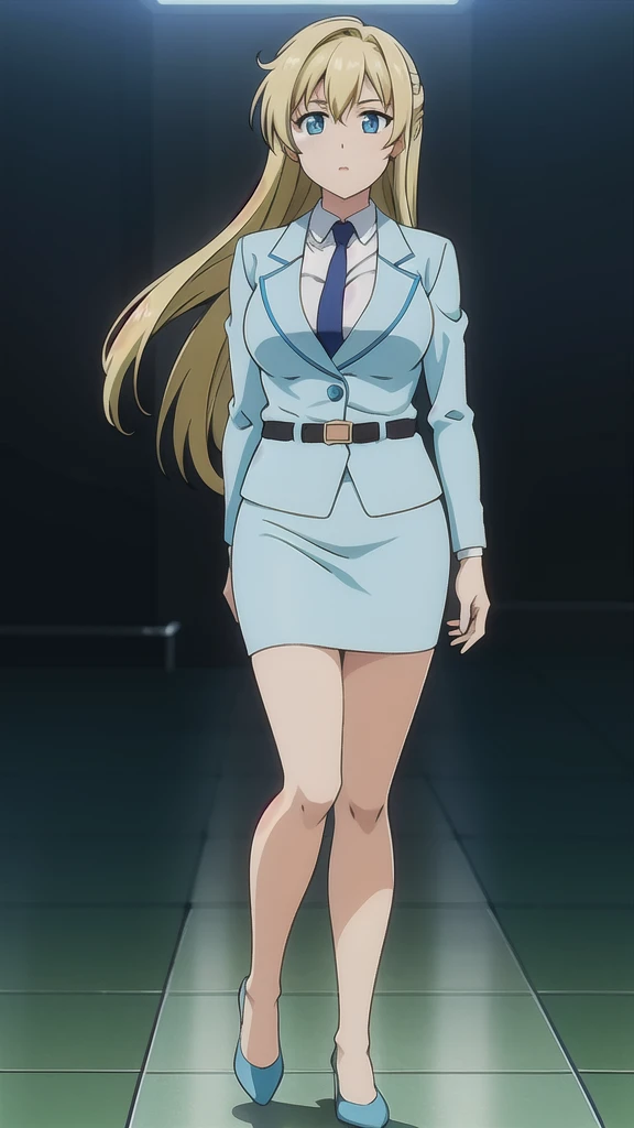 Blonde、 long hair、Hair band、茶colorの瞳、悲しいface, Full Body Style 、 normal breasts、 narrow waist 、Bare legs、 in a suit、 blue jacket ,襟付き shirt, shirt,  blue tie,belt,,  Blue Mini Pencil Skirt, black tights,Black High Heels, Official Art, Extremely Detailed CG Unity 8K Wallpaper , perfect lighting, colorful , bright _ Front_face_Lighting,  shiny skin, ( masterpiece:1.0),(Highest_quality:1.0), 超 high definition ,4K, super detailed photo shoot, 8k,  high definition ,  high definition ,  looking for something in an absurd :1.2,  Kodak Portra 400,  Film Grain,  blurry background, Bokeh:1.2,  lens flare , ( vibrant _ color:1.2), Professional photography,Anime Images