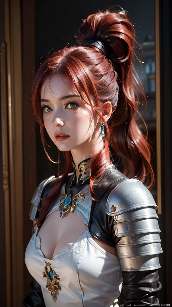 (8k,  RAW photos ,  best quality,   Masterpiece :1.2), (Realistic, photo-Realistic:1.4), ( Very detailed CG Unity 8k wallpaper), ((Woman wearing armor :1.4)),(rogue:1.1)  Gold Decor ((Leather Armor:1.3)), Patchwork Worn Armor, ( very detailed:1.5), Money and (white:1.5), Concept Art Portrait by Greg Rutkowski,  art gel  , Popular on Artstation、Super detailed and intricate gothic art, Fantastic,  complex details, ( Tiny Blue Highlights  :1), ( redhead,  wavy hair,  high ponytail: 1.4)